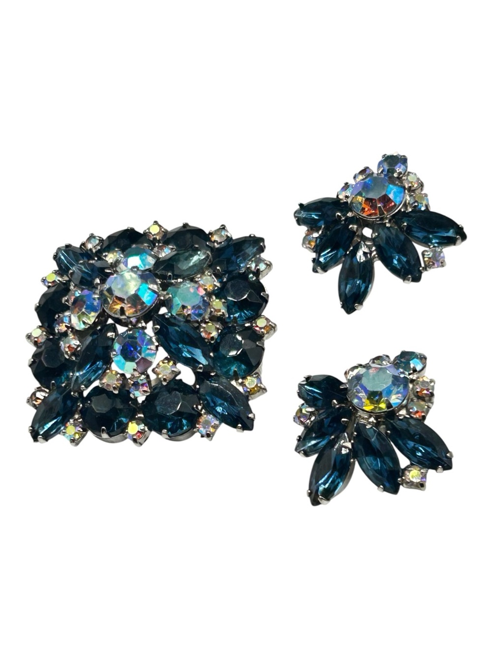 Vintage Sapphire Blue AB Rhinestone Stacked Brooch Clip Earring Set